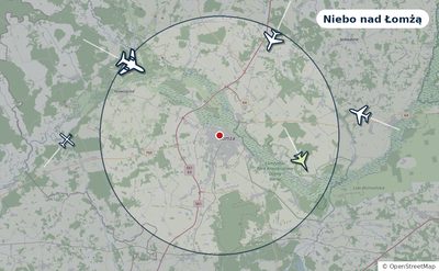 Mapa okolic miasta z sylwetkami samolotów — Niebo nad Łomżą